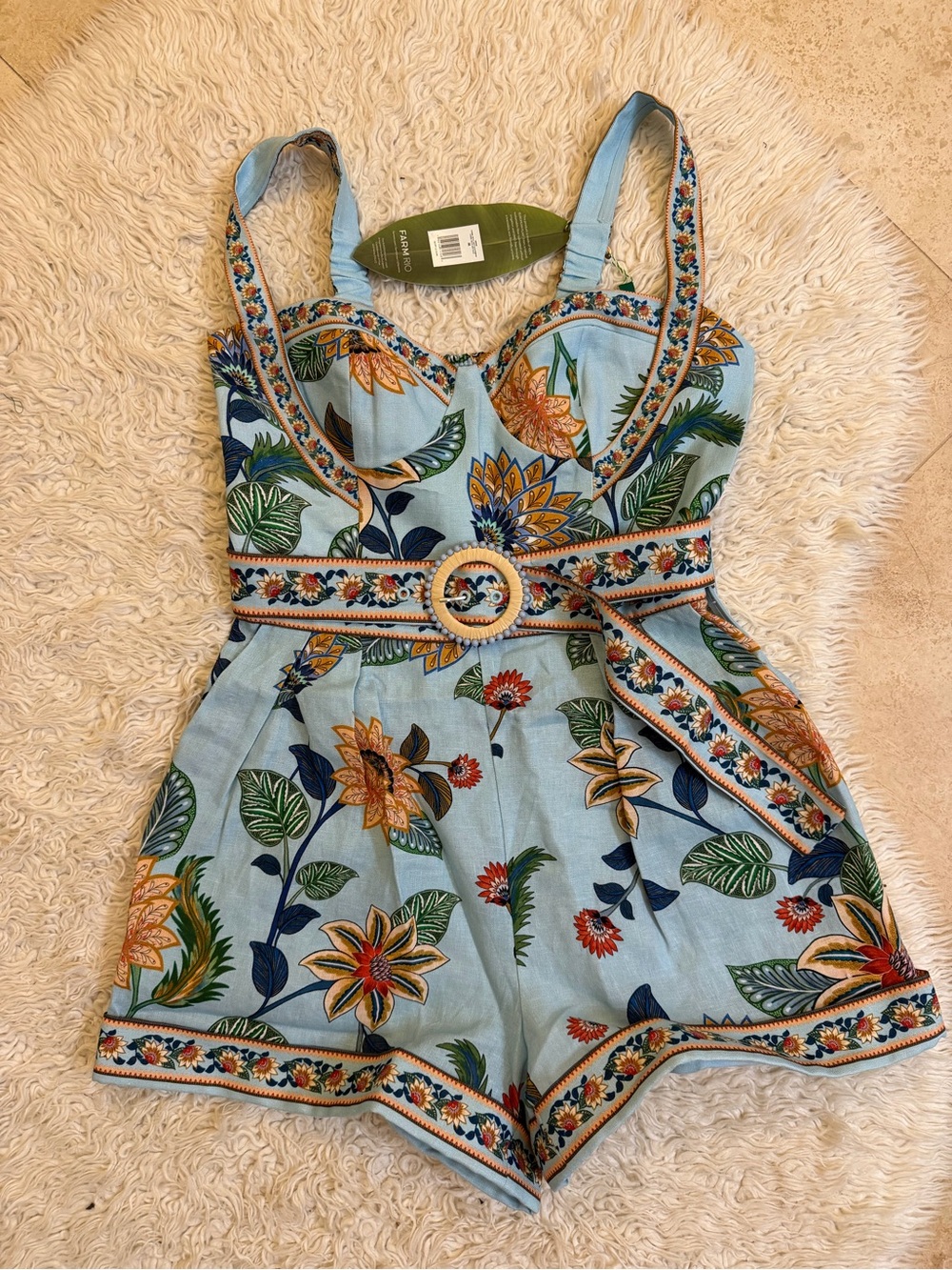 FARM Rio Light Blue Floral balconette  romper with Belt NWT size M - Picture 5 of 6
